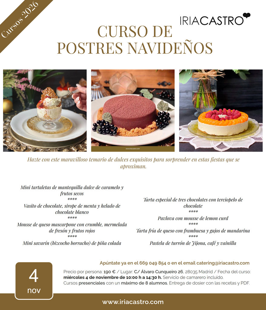 Curso de postres navideños, 4 de noviembre Cartel del curso de postres navideños del 4 de noviembre de 2026